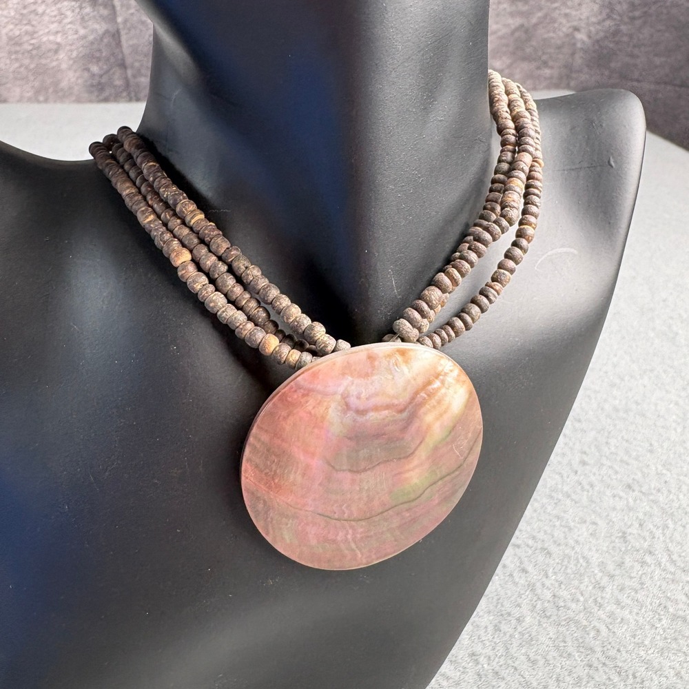 Boho Mother of Pearl Shell Pendant Wooden Bead 3 Strand Necklace Brown Pink